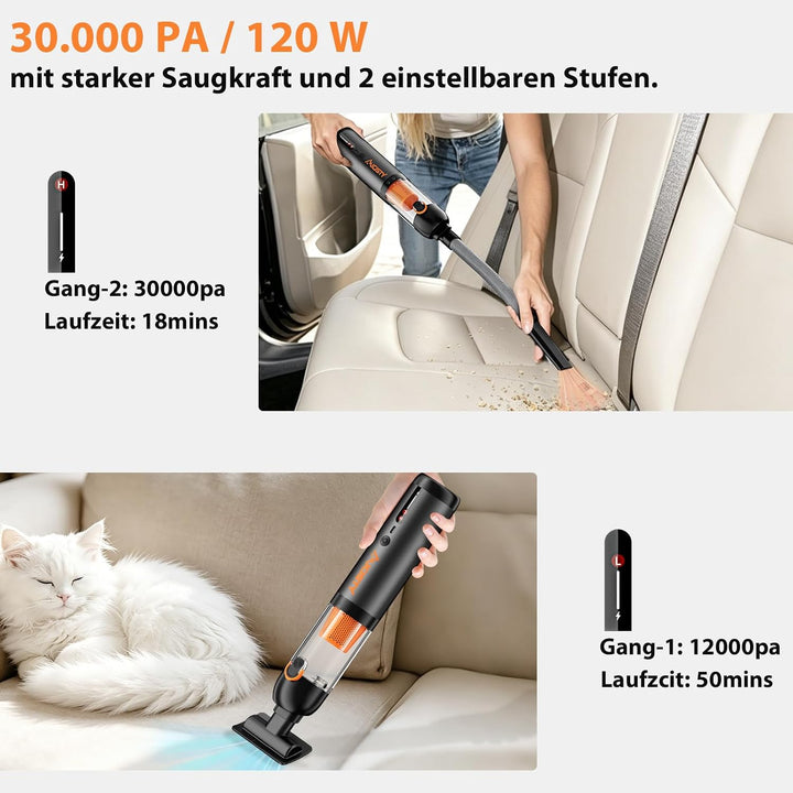 Handstaubsauger Akku 30000Pa, 4-in-1 Akku-Autostaubsauger Bürstenloser Motor, Auto Staubsauger Stark