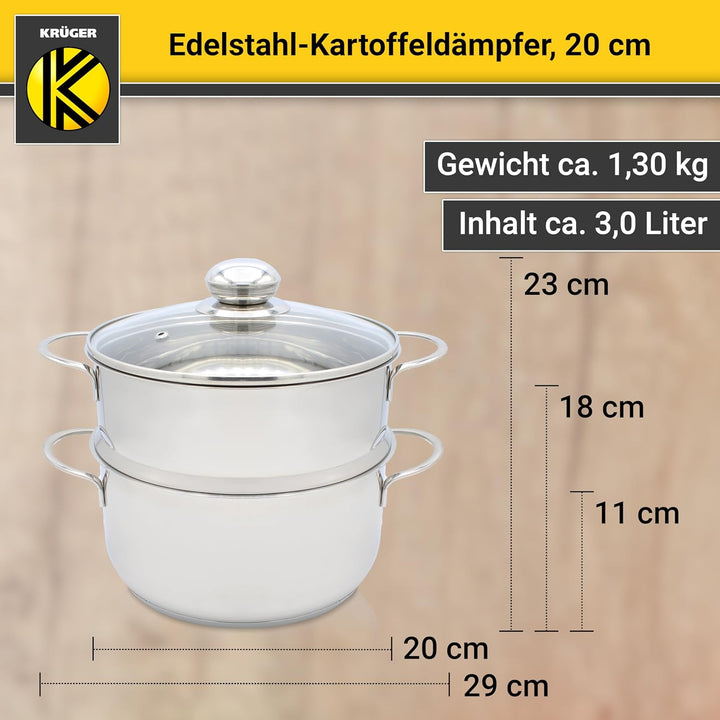 Krüger Edelstahl-Kartoffeldämpfer mit Glasdeckel - Bio-Dünster mit praktischem Schüttrand & energies