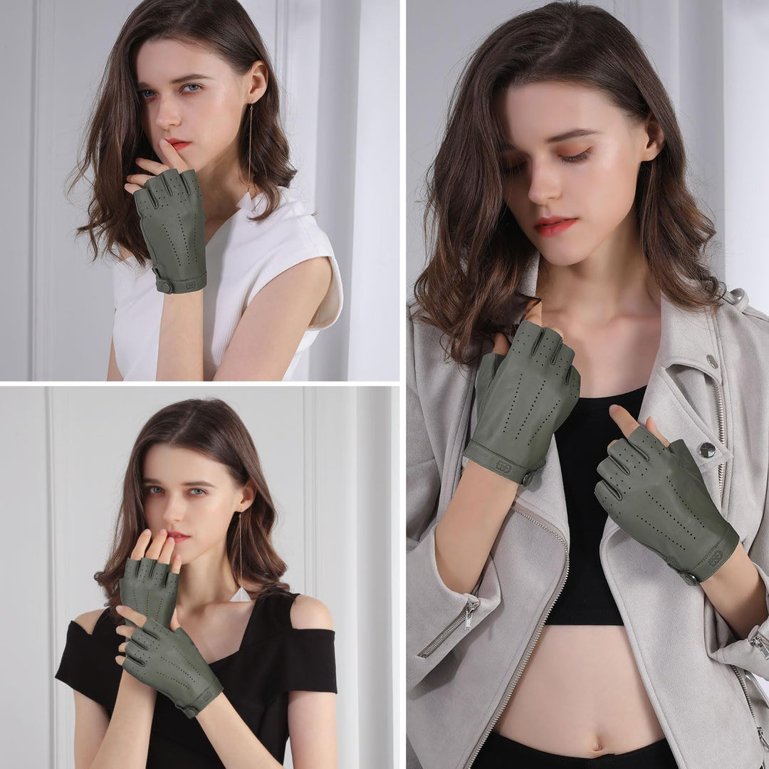 GSG SINCE 1998 Halbfinger Lederhandschuhe Damen – Fingerlose Fahrhandschuhe aus weichem Schafsleder,