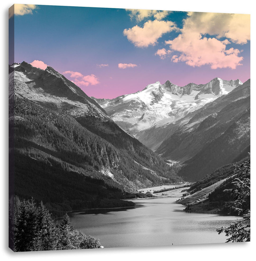 Pixxprint ruhiger See in Berglandschaft als Leinwandbild Quadratisch| Grösse: 70x70 | Wandbild| Kuns
