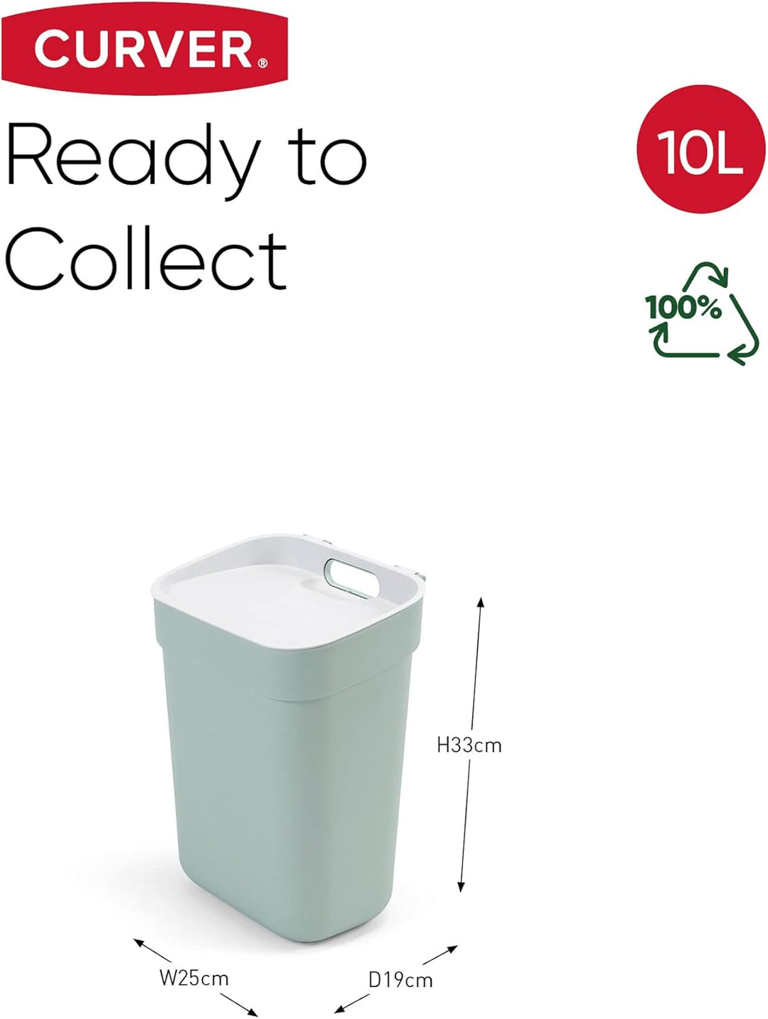CURVER Ready to Collect 100% recycelter 10-Liter-Küchenzubehör-Recycling-Mülleimer mit Hebedeckel, G