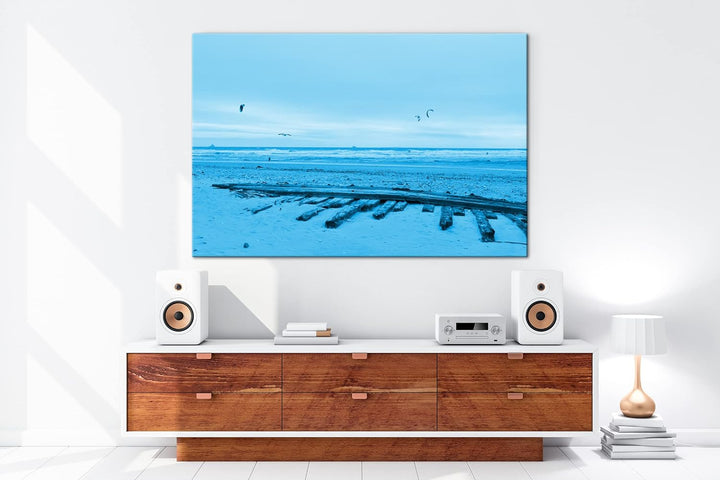 deyoli Sandstrand mit Möwen Format 80x60 Effekt: Monocrome Blau als Leinwandbild, Motiv fertig gerah