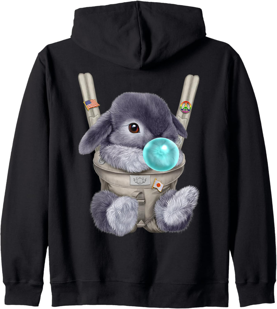 Blaues Zwergkaninchen mit Kaugummi in der Babytrage Kapuzenjacke