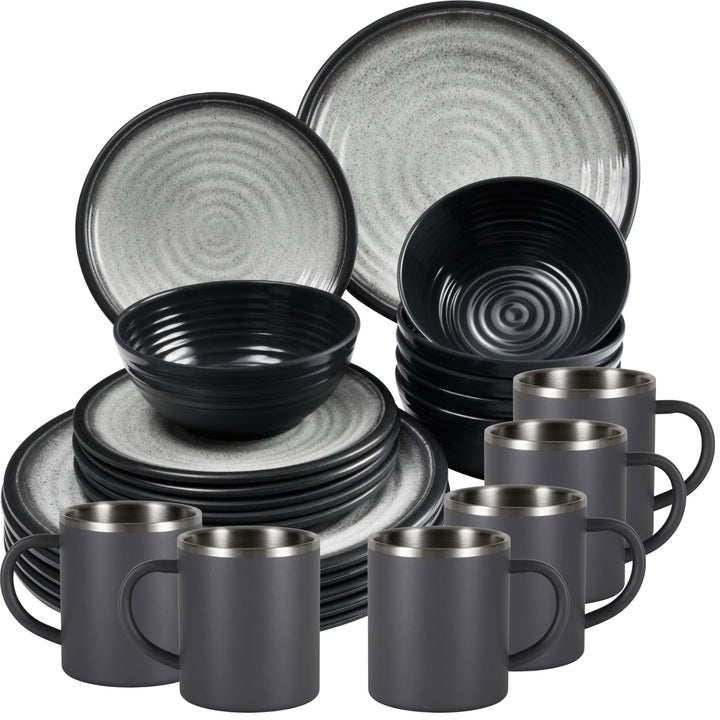 Melamin Geschirr Set Grau Schwarz mit Edelstahl Thermo Tassen doppelwandig - Tonoptik Essgeschirr -