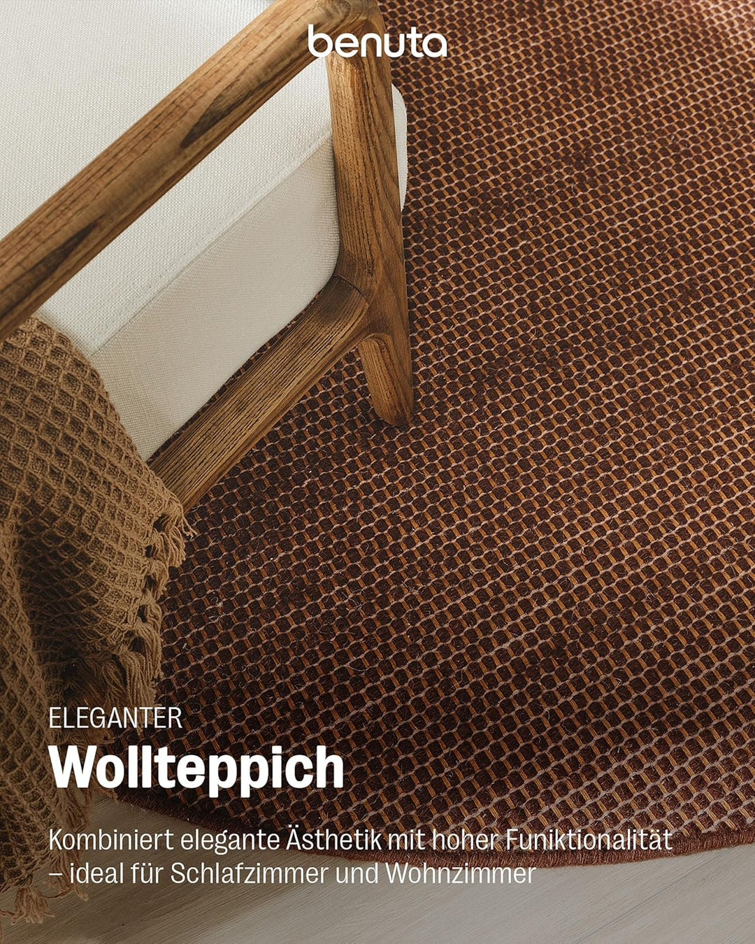 benuta Pure Wollteppich Rocco - Braun 150 cm Rund - Handgewebt - Im Style: Wolle, Uni, Boho, Hygge &