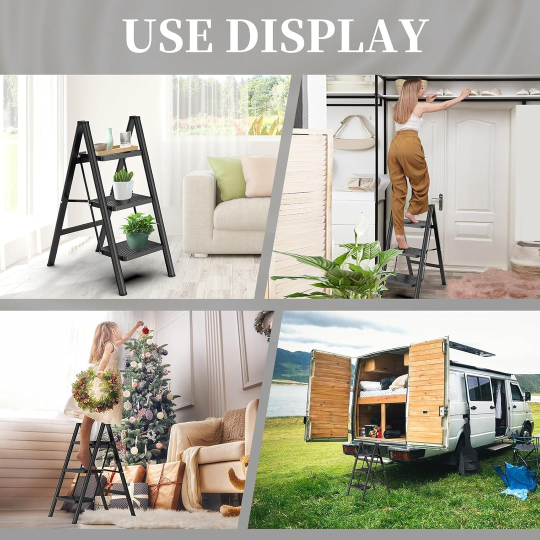 HBTower Trittleiter 3 Stufen Klappbar, Leiter 3 Stufen,stufenleiter,Leiter mit breitem Anti-Rutsch-P