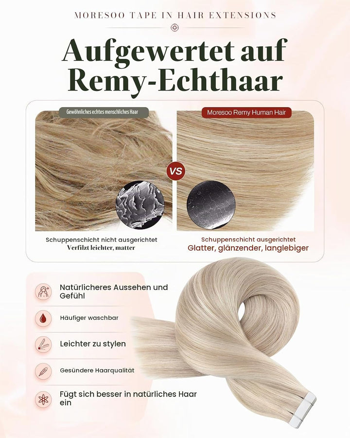 Moresoo Tape Extensions Echthaar Blond 55 cm Unsichtbare Tape in Extensions Blond Aschblond mit Plat