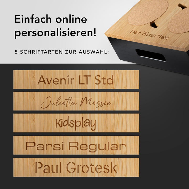 Couchbar Snackbox aus Bambus Personalisierbar inkl. Geschenkbox | Sofa Tablett mit 2 Snackschalen, 2