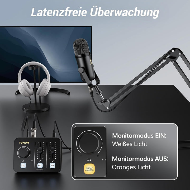 TONOR Podcast Mikrofon Set mit Audio Interface & Mikrofonarm, XLR Mikrofon, Kondensatormikrofone, Au