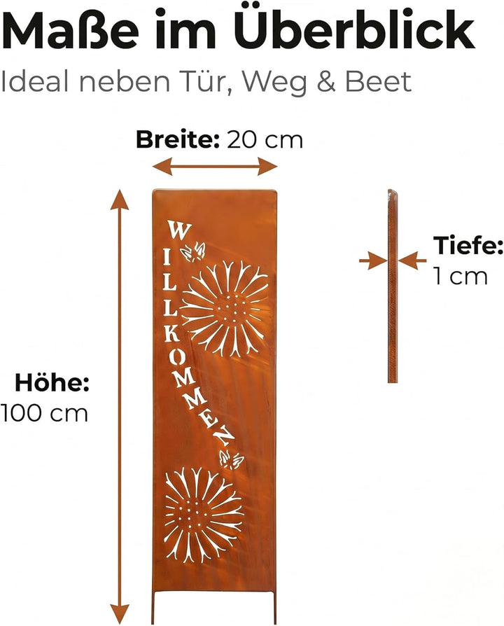 levandeo Stele Willkommen Garten-Deko 20x100cm Eisen Rost Rostdeko Braun Gartenstecker Gartenstele E