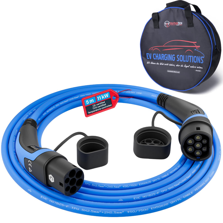 TEUTSCHTECH, Typ 2 Ladekabel – 5m 11kW 16A 3-phasig Mode 3 – EV Ladekabel für Wallbox &amp; Ladestation