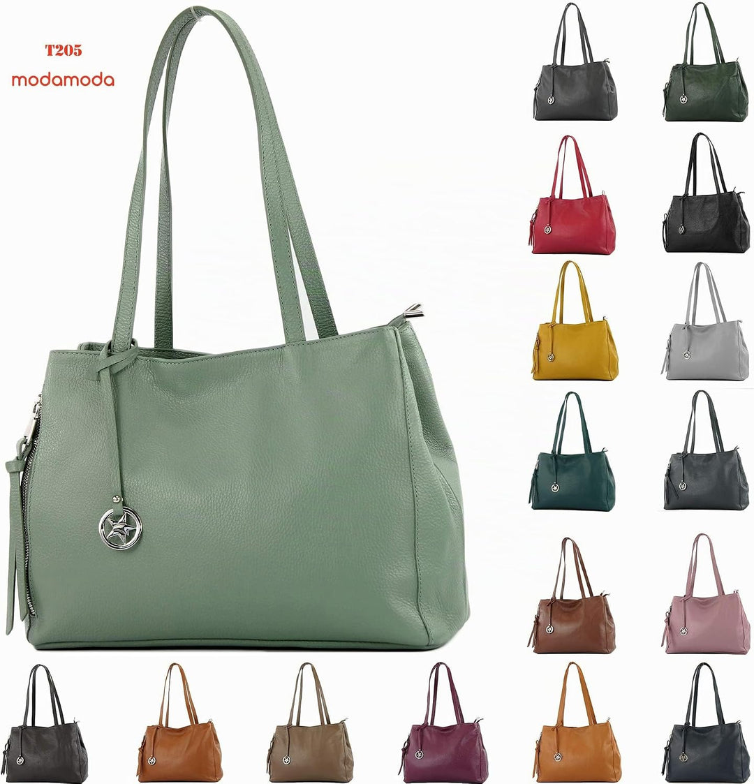 modamoda de - T205 - ital. Schultertasche Henkeltasche aus Leder Signalrot, Signalrot