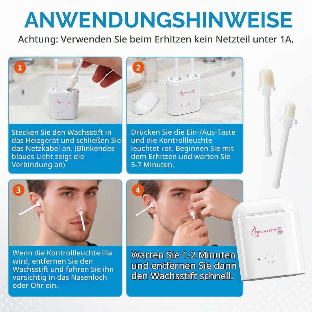 BEAUTY7 USB Ohren - &amp; Nasenhaar Wachs Set Mini Wachswärmer USB-C Anschluss inkl. vorbereiteten 26 Wa