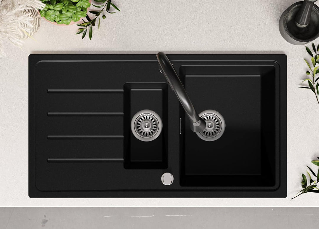 PRIMAGRAN Granitspüle Alles Schwarz 90x50cm, Granitspüle 1,5 Becken + Ablauf-Set, Küchenspüle ab 60e