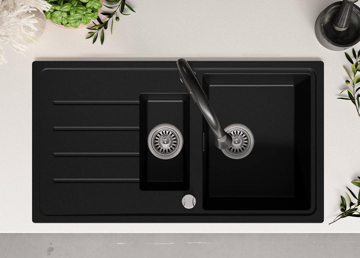 PRIMAGRAN Granitspüle Alles Schwarz 90x50cm, Granitspüle 1,5 Becken + Ablauf-Set, Küchenspüle ab 60e