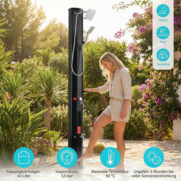 Solardusche, Solar Gartendusche 40 Liter inkl. Handbrause, 360° Duschkopf, Fussdusche, Gartenschlauc