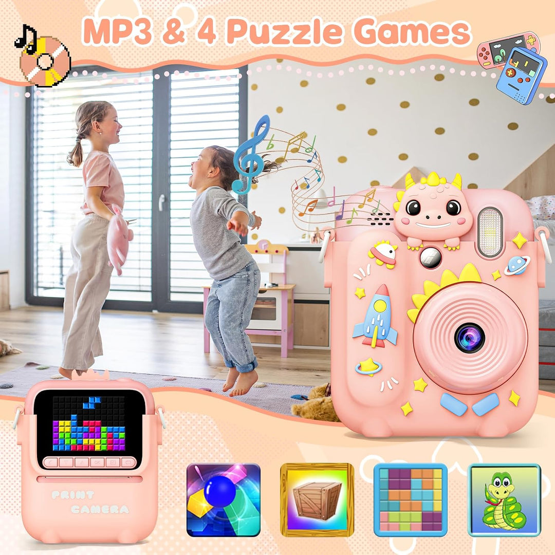 Sofortbildkamera Kinder mit 5 Rollen Druckpapier und 32GB-Karte | Dinosaurier Kinderkamera, 2,4 Zoll