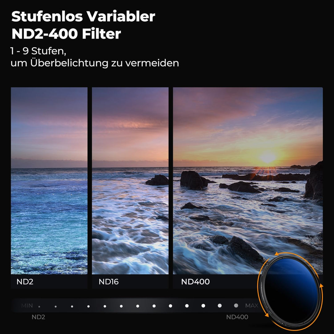 K&F CONCEPT K-Serie 46mm ND Filter Variabler Graufilter ND2-400 (1-9 Blendenstufen) mit Objektivdeck