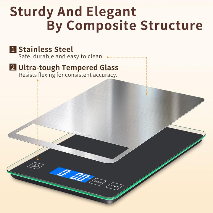 Digitale Küchenwaage mit gehärtetem Glas und Edelstahl-Oberfläche, 1 g / 0,1 oz Lebensmittelwaage mi