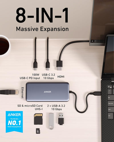 Anker 555 USB-C Hub (8-in-1) PowerExpand USB-C Adapter, 100W Power Delivery, 4K 60Hz HDMI, 10Gbps US