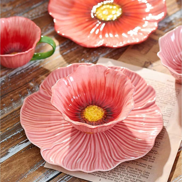 Blumen Geschirrset 3-tlg Klatschmohn Design - Spülmaschinenfeste Keramikschalen (15/22/26cm) - Ofen-