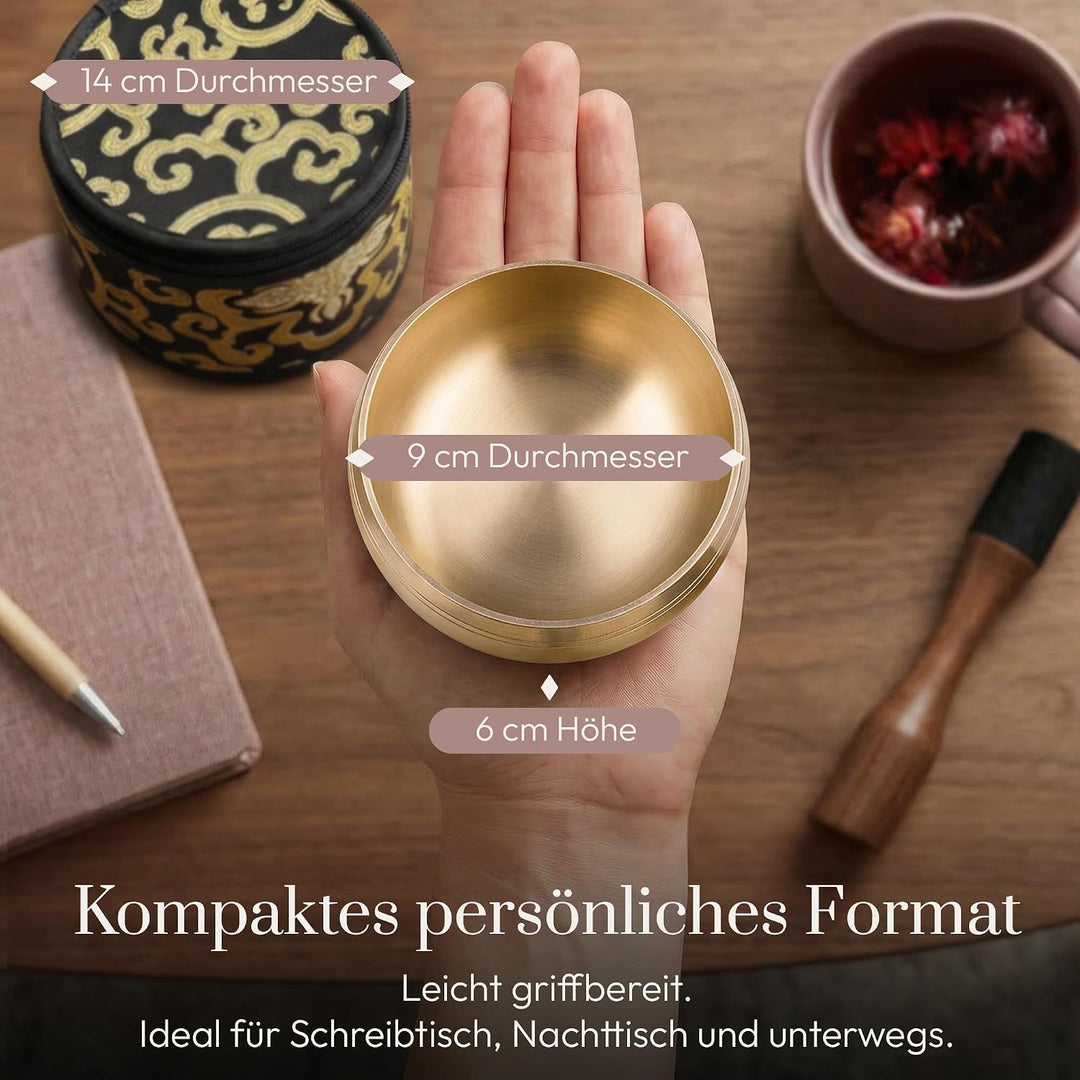 Silent Mind Klangschale Ø9cm Bronze – Handgefertigtes Komplett-Set mit Kissen und Klöppel, für Anfän