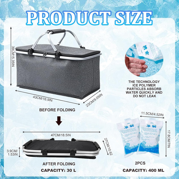 30L Faltbare Kühltasche mit 2 Eisakkus – Isolierte Thermotasche für Picknick, Camping, Einkaufen, Bü