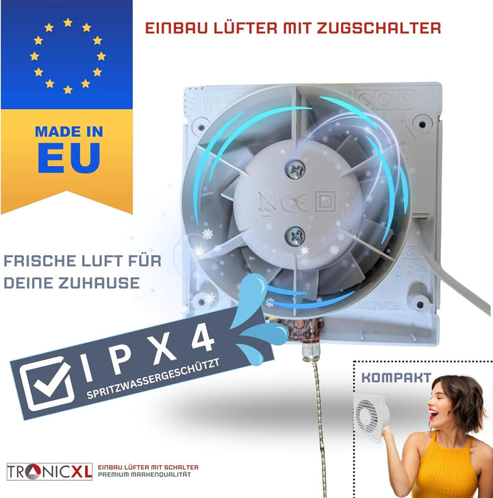 230V Badlüfter mit Kabel Schalter und Stecker IPX4 125mm Abluft/Zuluft Lüfter Ventilator mit Netzste