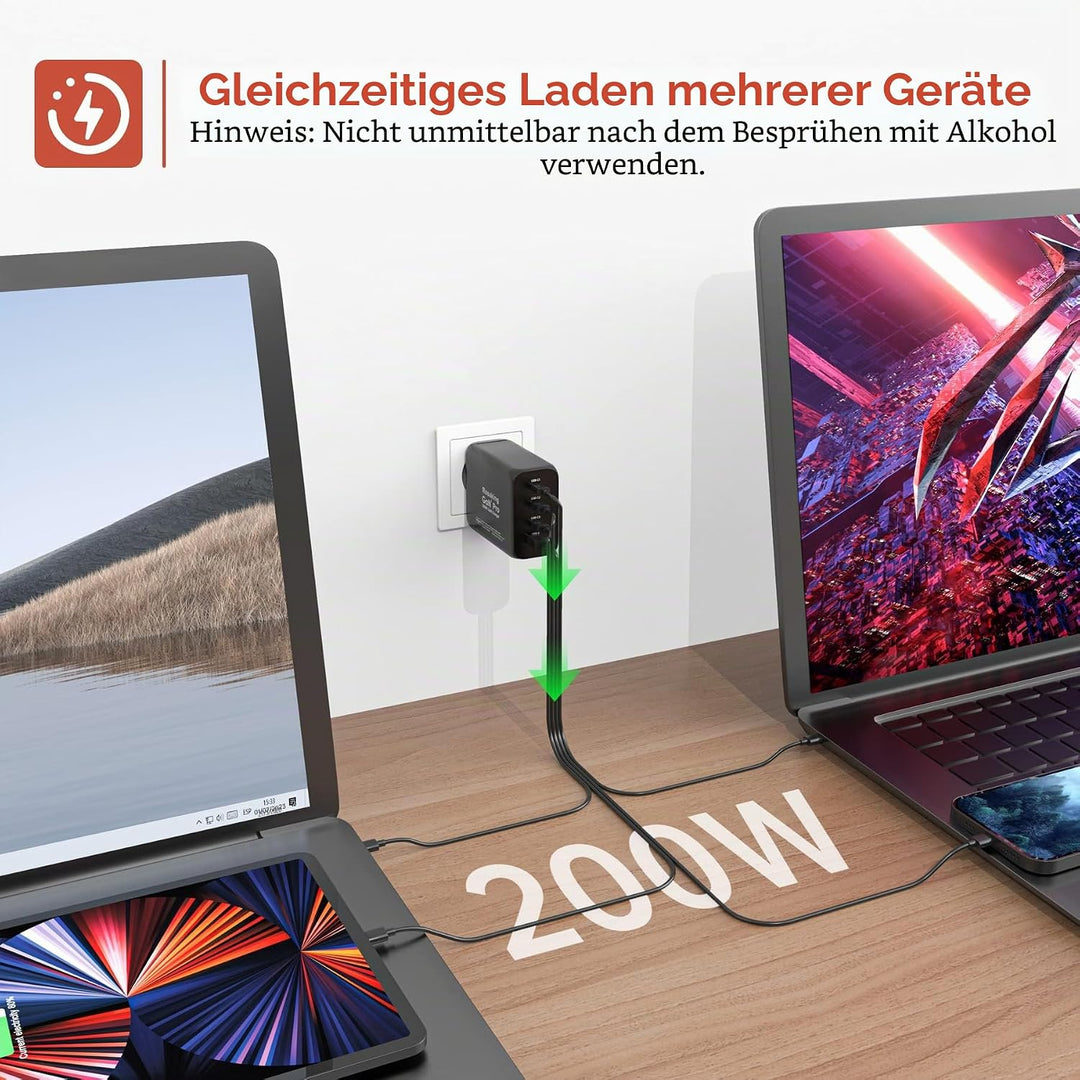 Rosaking USB C Ladegerät 200W, GaN III Tech Schnellladegerät, 4 Häfen USB C Schnellladegerät für Mac