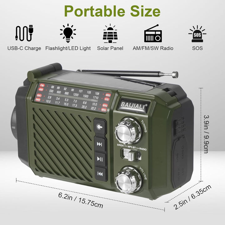 Kurbelradio Notfallradio mit 2600mAh Powerbank, Solar & USB-C Ladung, AM/FM/SW Weltempfänger, LED-Ta