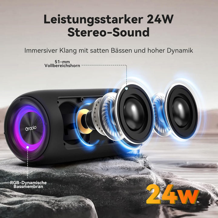 oraolo Bluetooth Lautsprecher, Speaker mit RGB Lichtshow, Musikbox Wasserdicht IPX6, 10 Stunden Akku