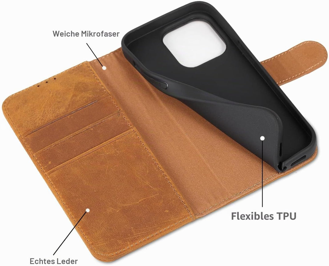 LENSUN Echtleder Hülle für iPhone 14 Pro, Handyhülle [Echtes Leder][Magnetverschluss][RFID Schutz] H