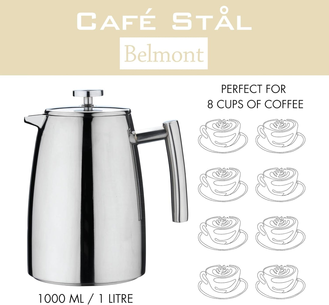 Café Stål Belmont Doppelwandiger Kaffeebereiter aus hochwertigem 18/10 Edelstahl – 8 Mokktassen, 1L,