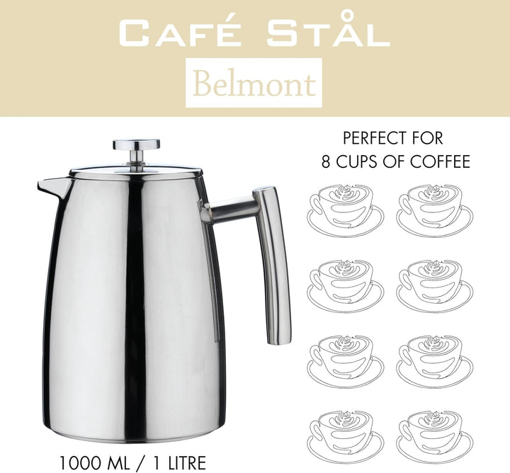 Café Stål Belmont Doppelwandiger Kaffeebereiter aus hochwertigem 18/10 Edelstahl – 8 Mokktassen, 1L,