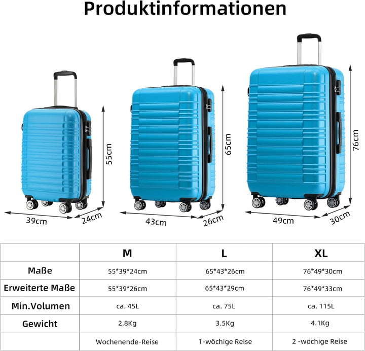 BEIBYE Hartschalen Koffer Trolley Rollkoffer Reisekoffer Zwillingsrollen Kofferset (Türkis, Set) Tür