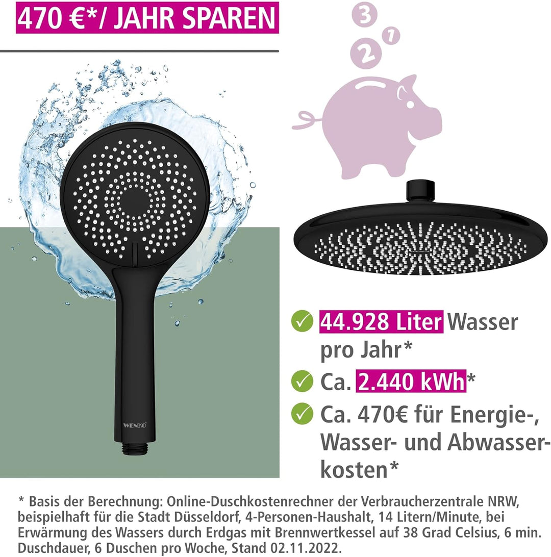 WENKO Duschsystem Watersaving, Duschstange aus Edelstahl mit wassersparendem Regenduschkopf und Hand