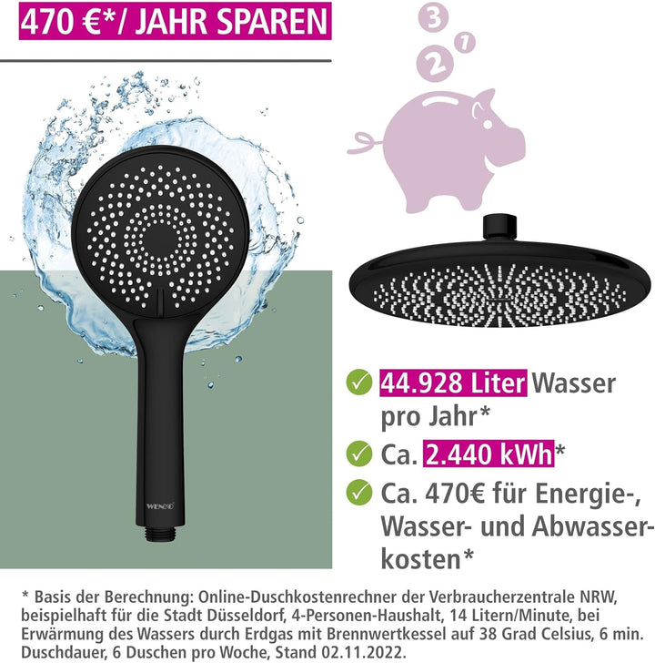 WENKO Duschsystem Watersaving, Duschstange aus Edelstahl mit wassersparendem Regenduschkopf und Hand