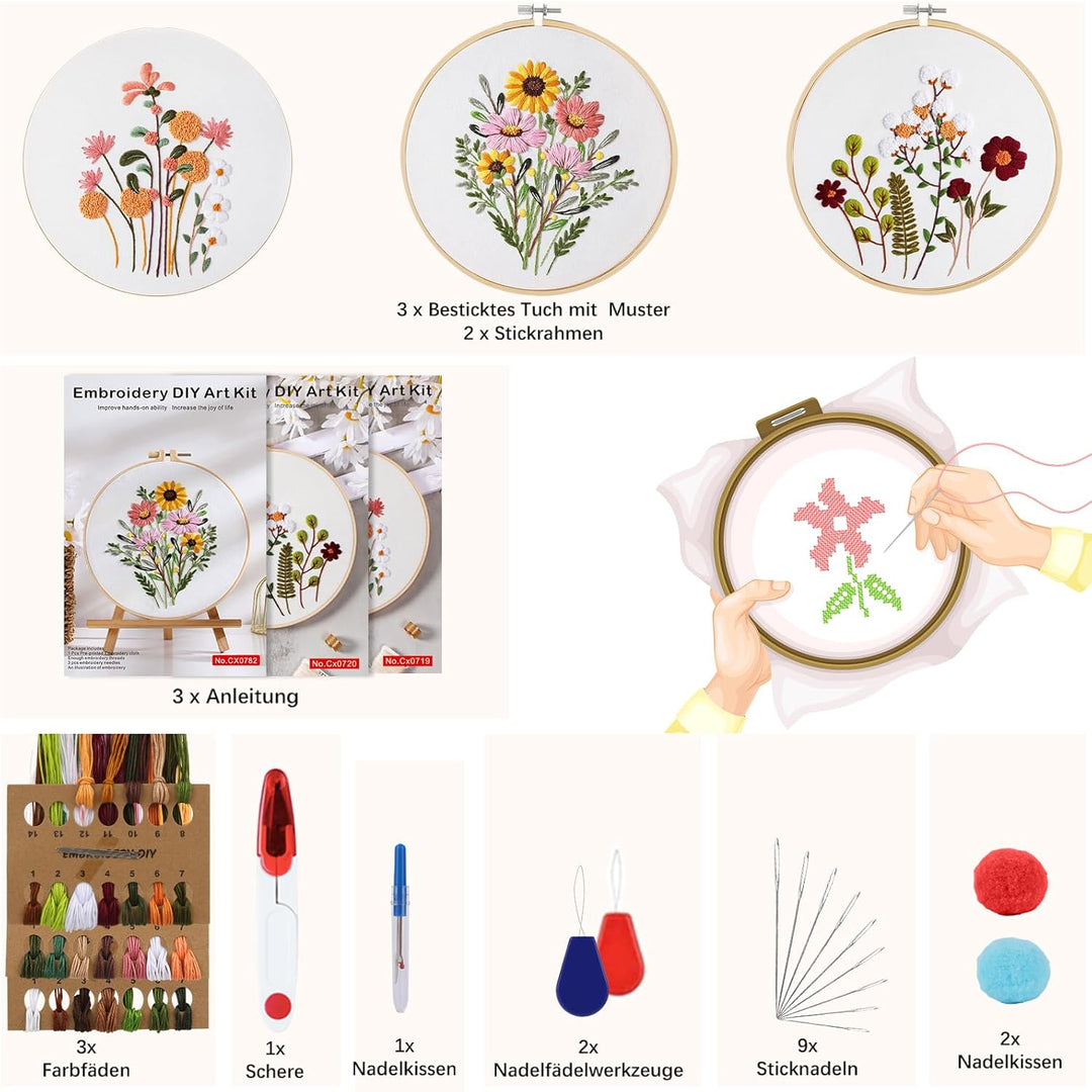 AOTWAN Stickset für Anfänger, Blumenmuster Pflanzen Sticken Set Erwachsene Stickerei Set mit 2 Stück