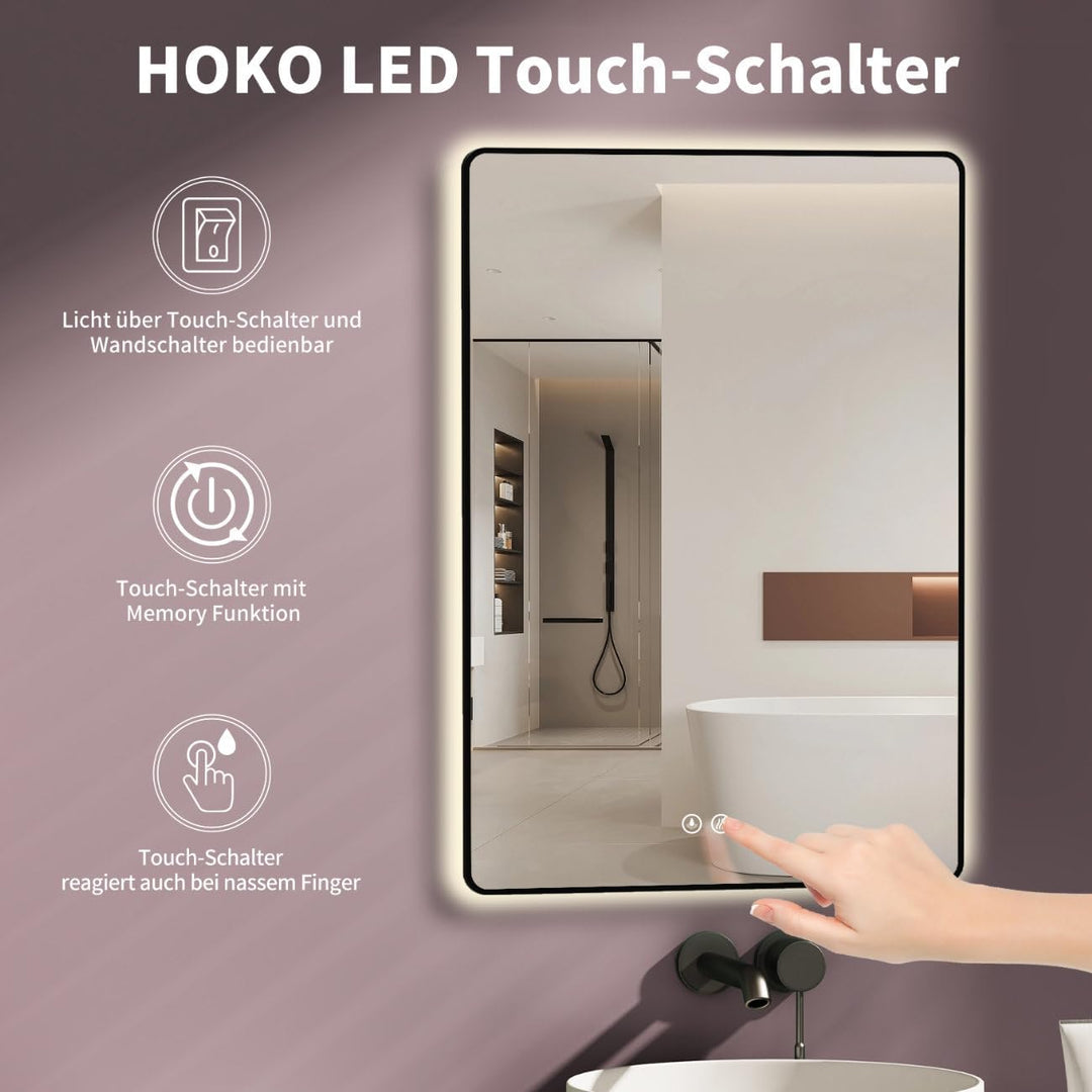 HOKO Antibeschlag LED Badspiegel 50x70 cm / 70x50 cm Kalifornien mit Schwarzer Metallrahmen, HOCH+QU