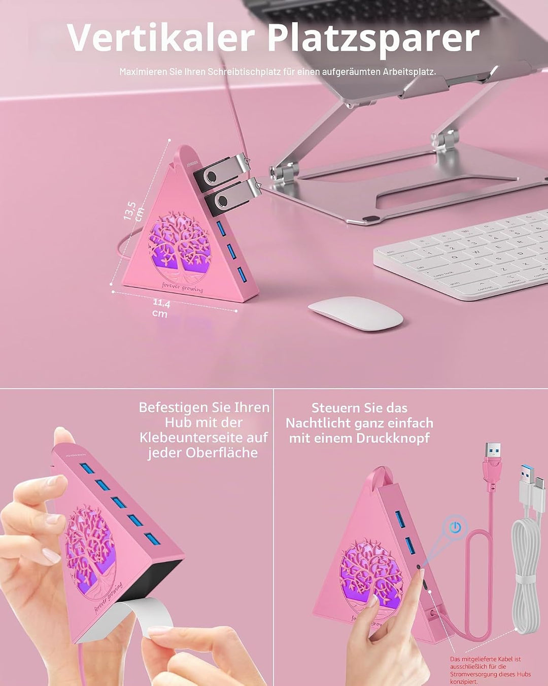 7-Port USB 3.0 Hub, RGB USB Hub mit RGB Baumlicht und 0,6m Kabel, USB Hub 3.0 Rosa USB Expander für