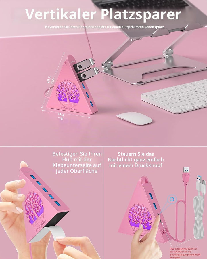 7-Port USB 3.0 Hub, RGB USB Hub mit RGB Baumlicht und 0,6m Kabel, USB Hub 3.0 Rosa USB Expander für