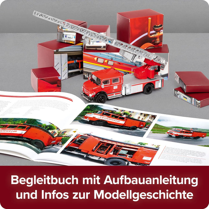 FRANZIS 67206 - Feuerwehr Adventskalender, Metall Modellbausatz des Mercedes-Benz L1519 im Massstab