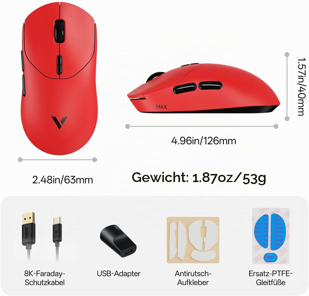 Rapoo VT2 MAX Kabellose Gaming-Maus, 30K DPI Sensor, echte 8000Hz Abfragerate, 53g Ultraleicht, 750