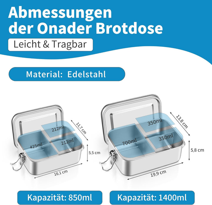 Onader Edelstahl Brotdose mit Fächern 2er Set, 850ml & 1400ml Bento Box Lunchbox mit Abnehmbar Trenn