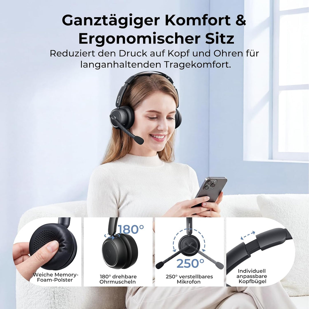 Nuroum HP31D 2026 Bluetooth Headset mit Mikrofon Wireless, KI Rauschunterdrückung für Anrufe,45 Std.