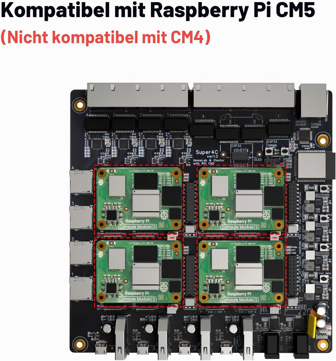 DeskPi Super4C für Raspberry Pi Compute Module 5, Cluster Mini-ITX Board Unterstützt 4 CM5, 2.5GbE +