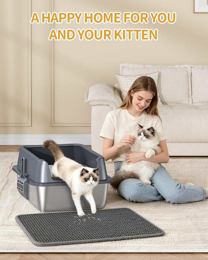 Hzuaneri Katzenklo Edelstahl XXL, 60 × 40 × 26 cm, Katzenklo mit Hoher Rand, mit XL-Matte, Schaufel,
