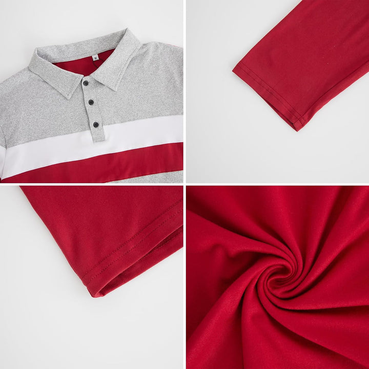 CTU Herren Polohemden Langarm Kontrastfarbiges Hemd Patchwork Hemd Golf Tennis Oberteile 3XL Rot, 3X