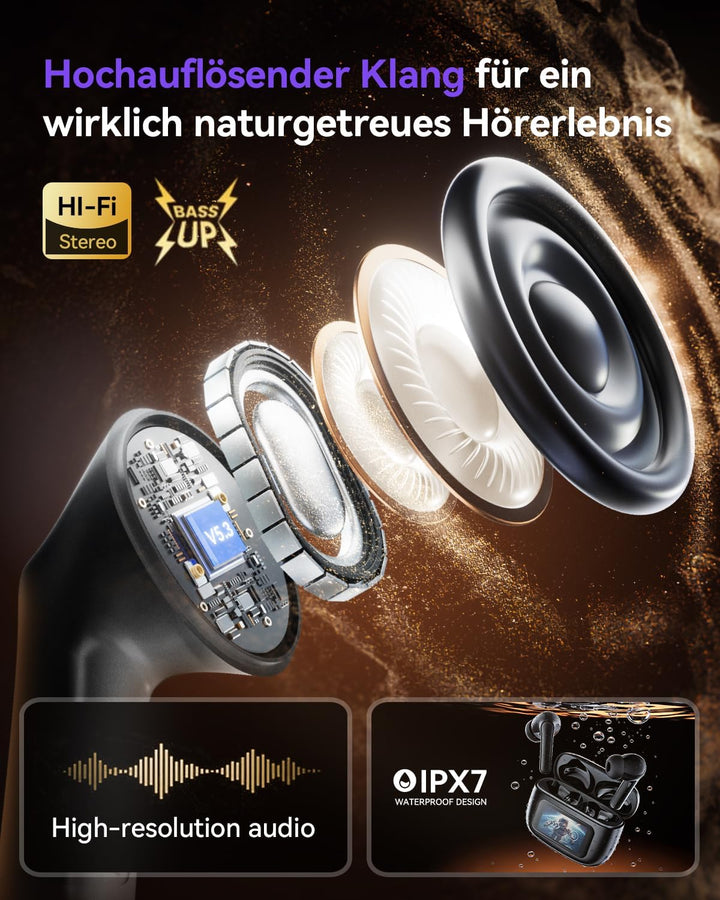 ZIUTY Kopfhörer Kabellos Bluetooth 5.4, In Ear Ohrhörer mit Touchscreen Display, ANC & ENC Mikrofon,