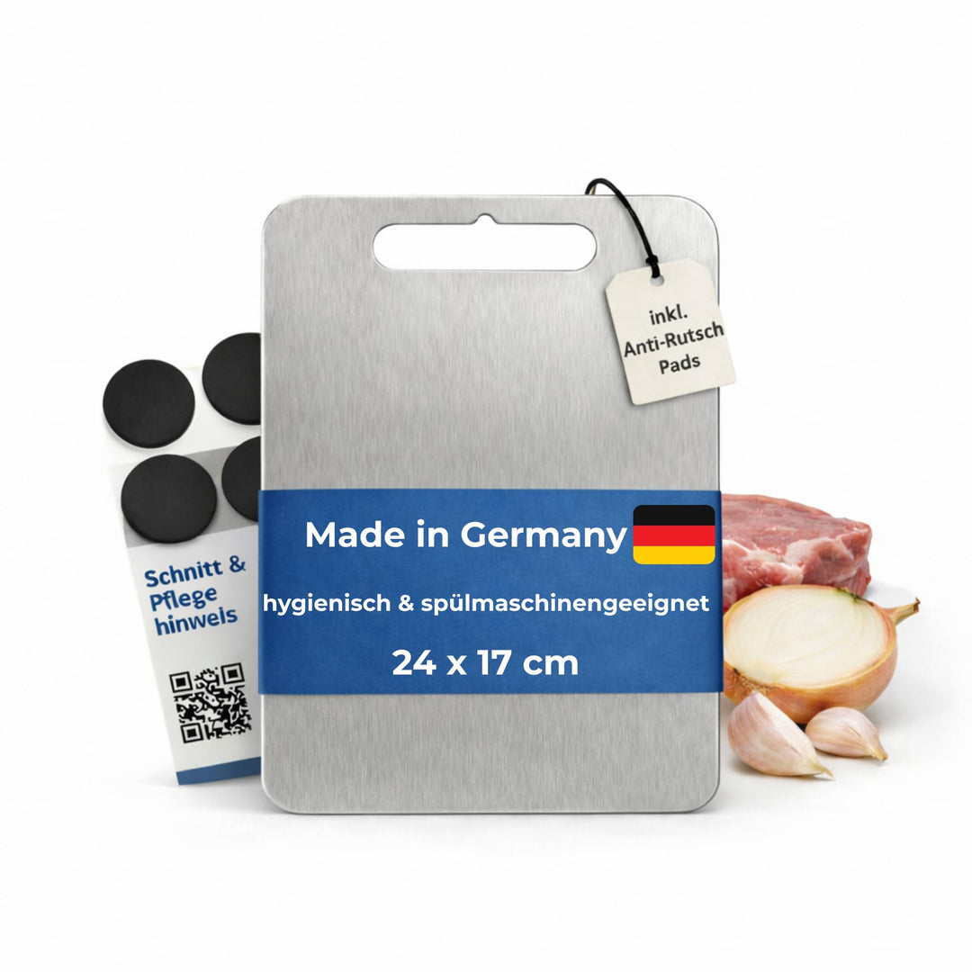 Edelstahl Schneidebrett - Hygienisch, Spülmaschinengeeignet & Rutschfest - Made in Germany - Gr. 24x